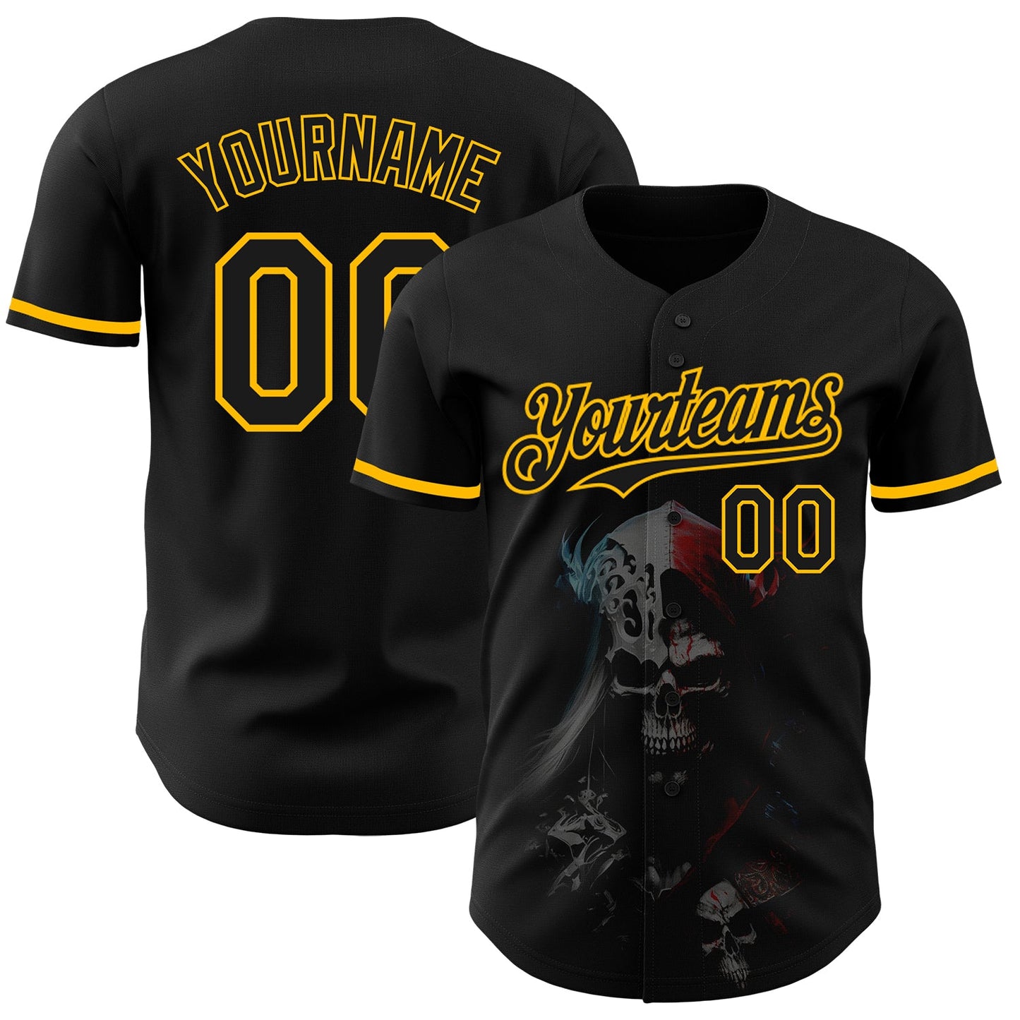 Custom Black Gold 3D Skull Fashion Authentic Baseball Jersey - Main View
