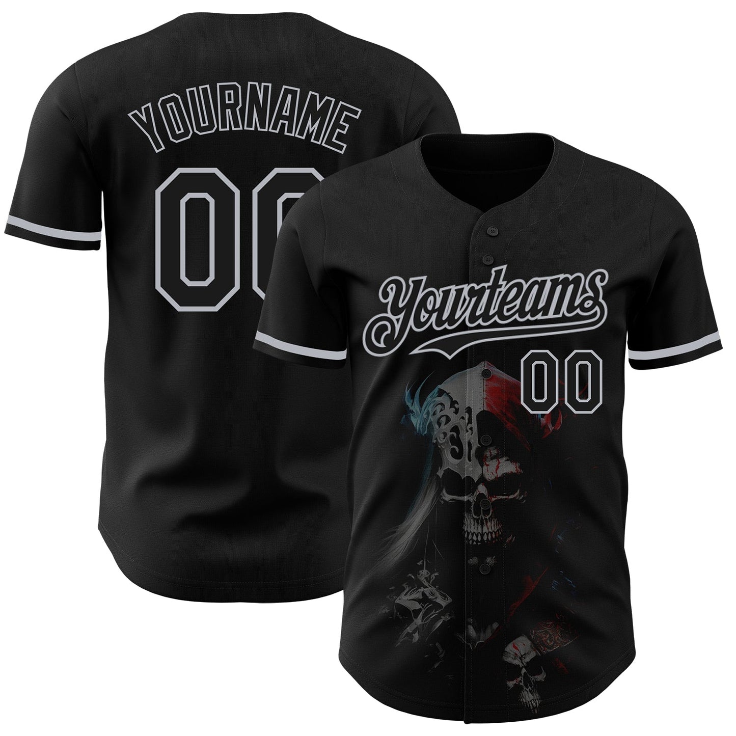 Custom Black Gray 3D Skull Fashion Authentic Baseball Jersey - Main View