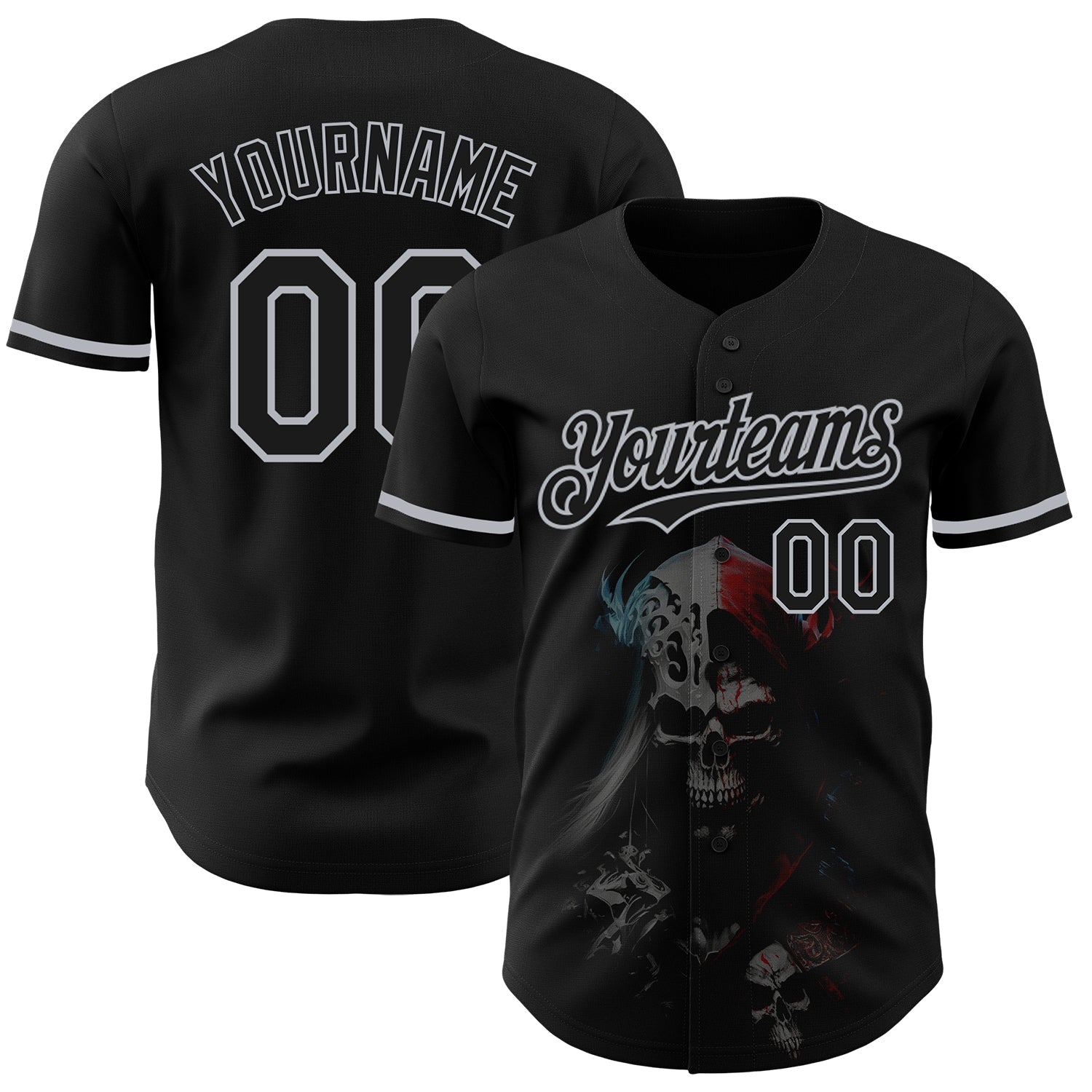 Custom Black Gray 3D Skull Fashion Authentic Baseball Jersey - Main View