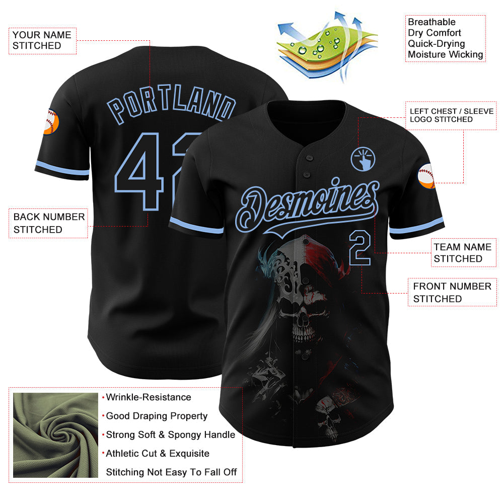 Custom Black Light Blue 3D Skull Fashion Authentic Baseball Jersey view 3