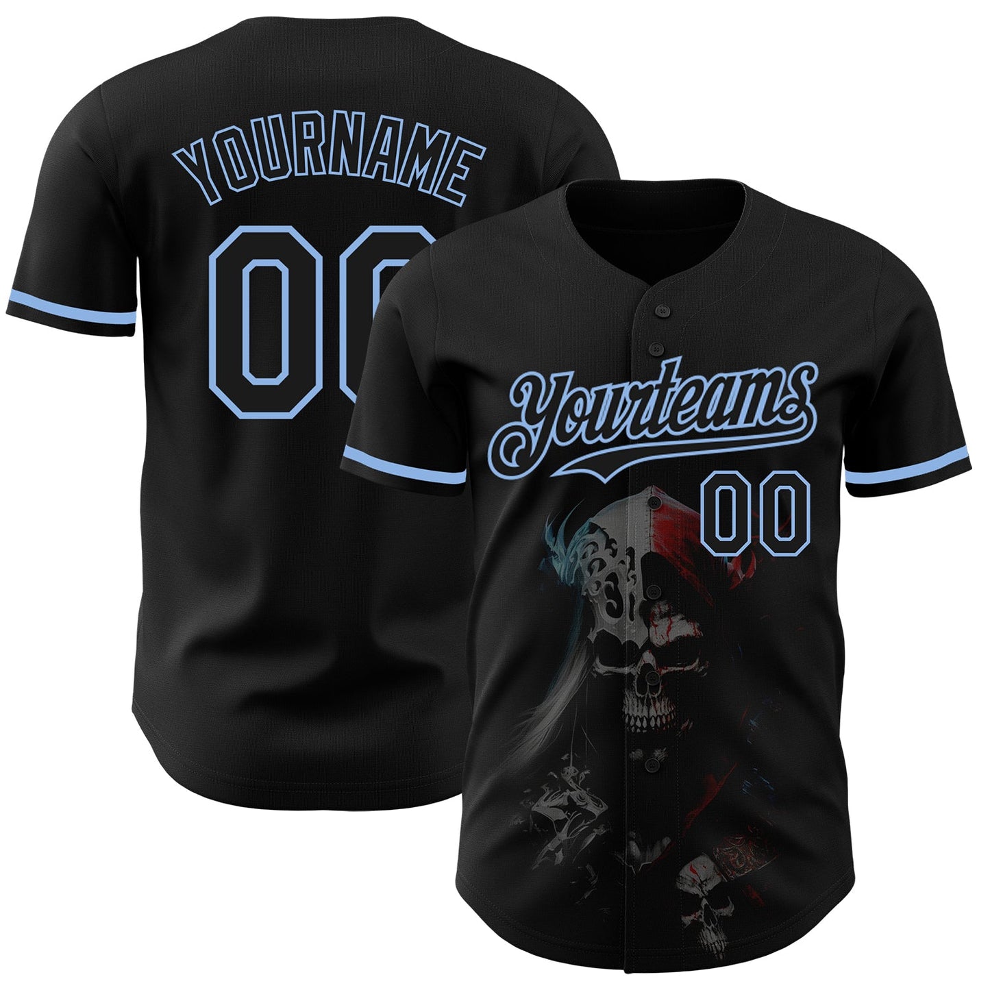 Custom Black Light Blue 3D Skull Fashion Authentic Baseball Jersey - Main View