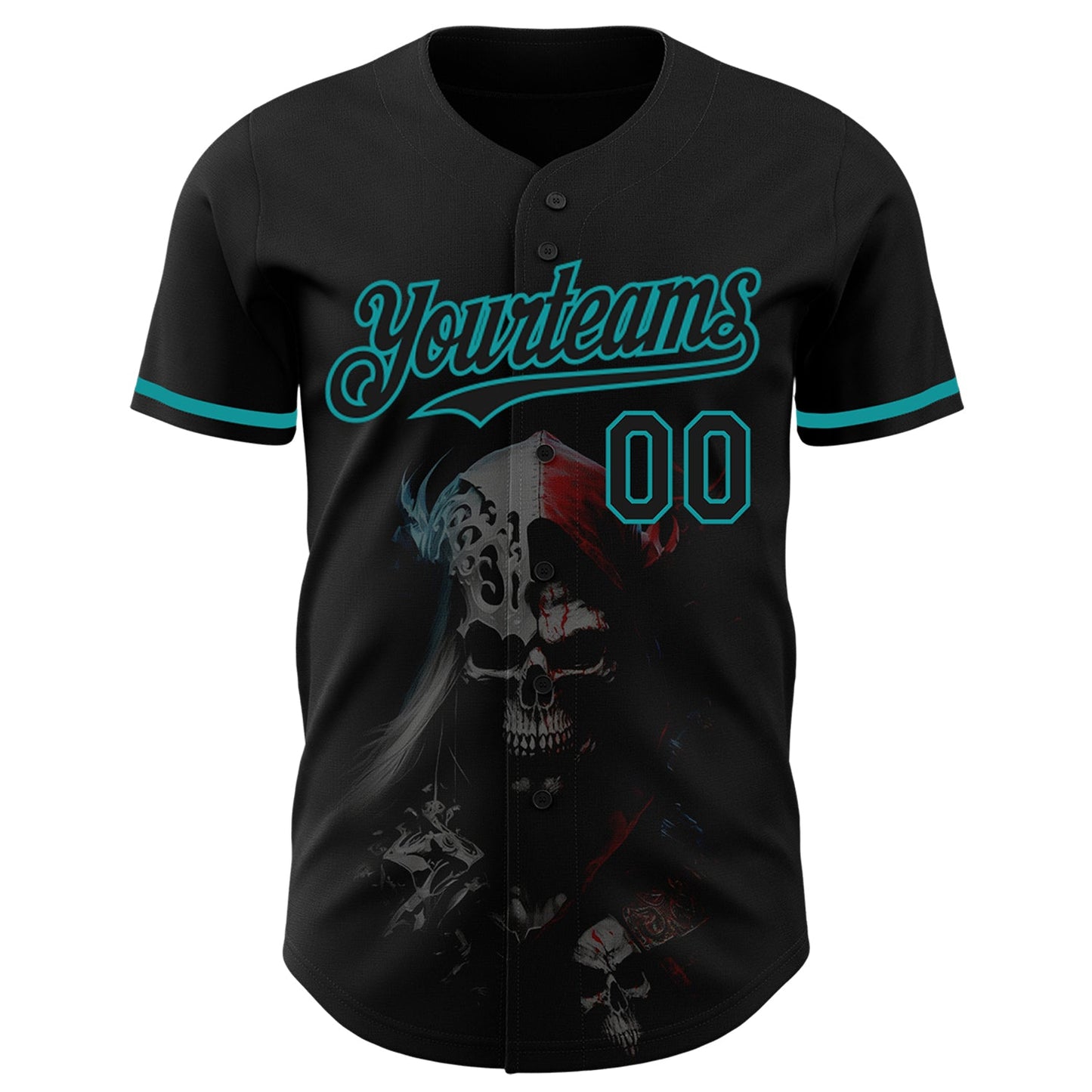 Custom Black Teal 3D Skull Fashion Authentic Baseball Jersey view 2