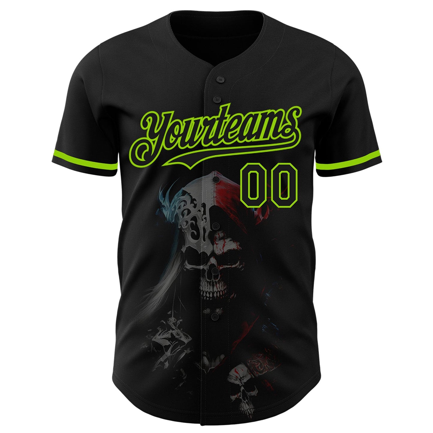 Custom Black Neon Green 3D Skull Fashion Authentic Baseball Jersey view 2