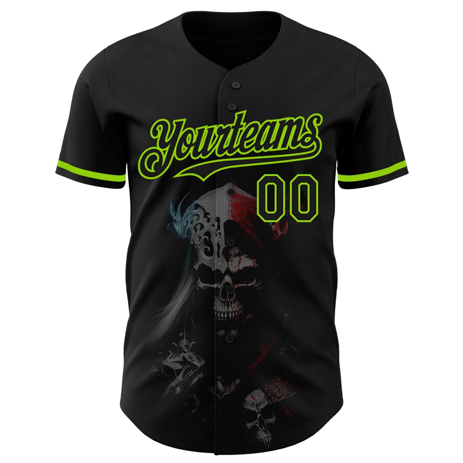 Custom Black Neon Green 3D Skull Fashion Authentic Baseball Jersey view 2