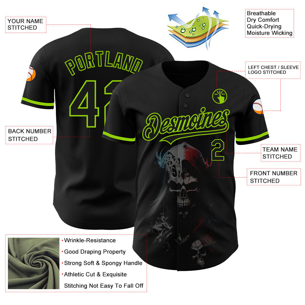 Custom Black Neon Green 3D Skull Fashion Authentic Baseball Jersey view 3
