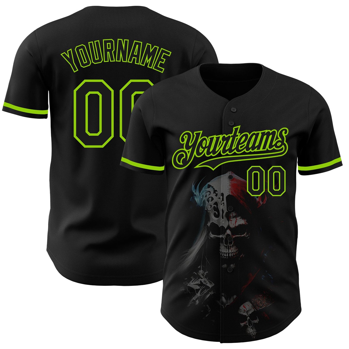 Custom Black Neon Green 3D Skull Fashion Authentic Baseball Jersey - Main View
