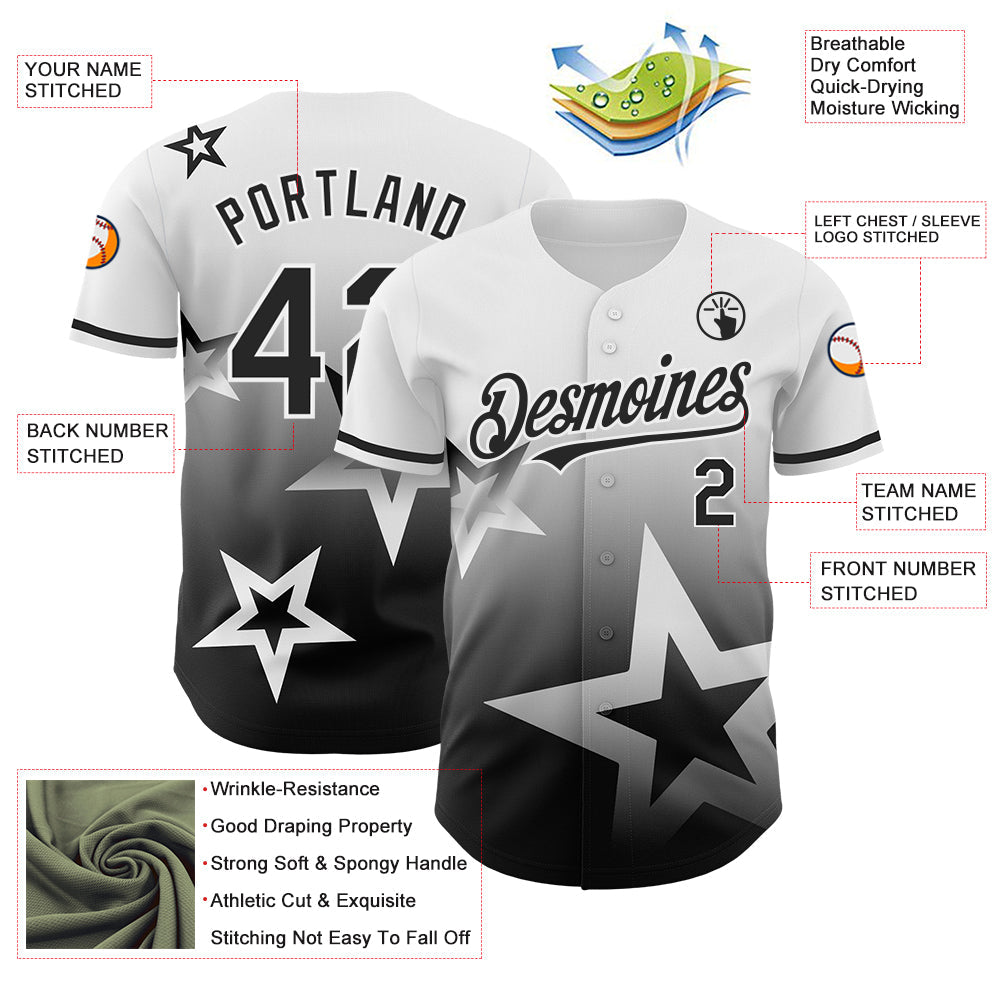 Custom White Black 3D Pattern Design Gradient Style Twinkle Star Authentic Baseball Jersey view 3