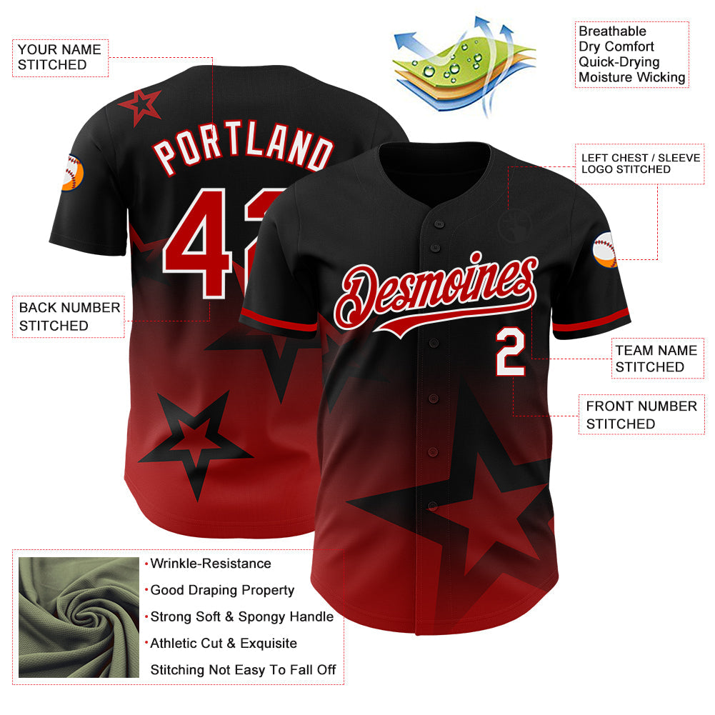 Custom Black Red-White 3D Pattern Design Gradient Style Twinkle Star Authentic Baseball Jersey view 3