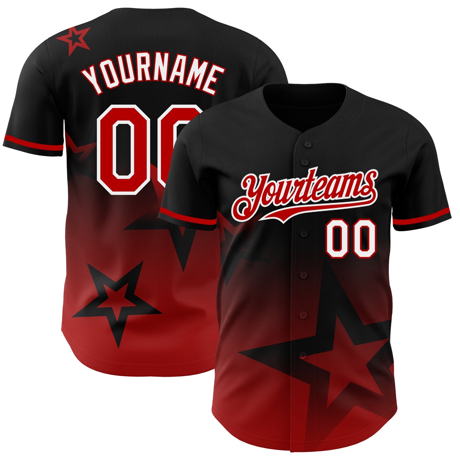 Custom Black Red-White 3D Pattern Design Gradient Style Twinkle Star Authentic Baseball Jersey - Main View