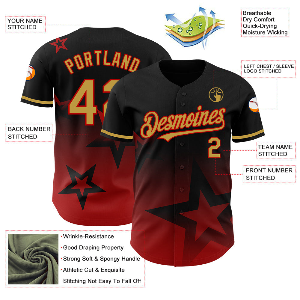 Custom Black Old Gold-Red 3D Pattern Design Gradient Style Twinkle Star Authentic Baseball Jersey view 3