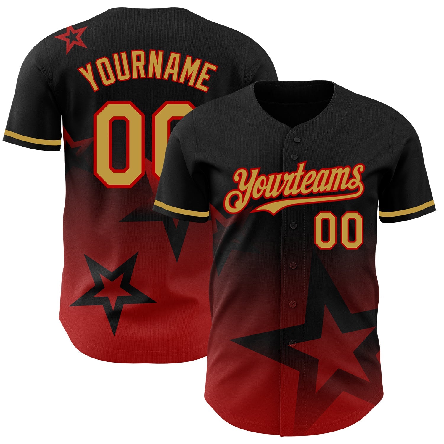 Custom Black Old Gold-Red 3D Pattern Design Gradient Style Twinkle Star Authentic Baseball Jersey - Main View