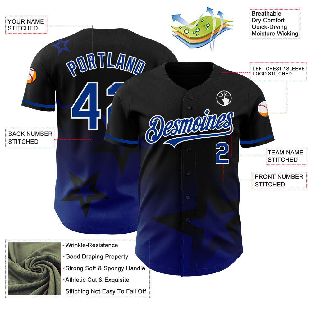 Custom Black Royal-White 3D Pattern Design Gradient Style Twinkle Star Authentic Baseball Jersey view 3