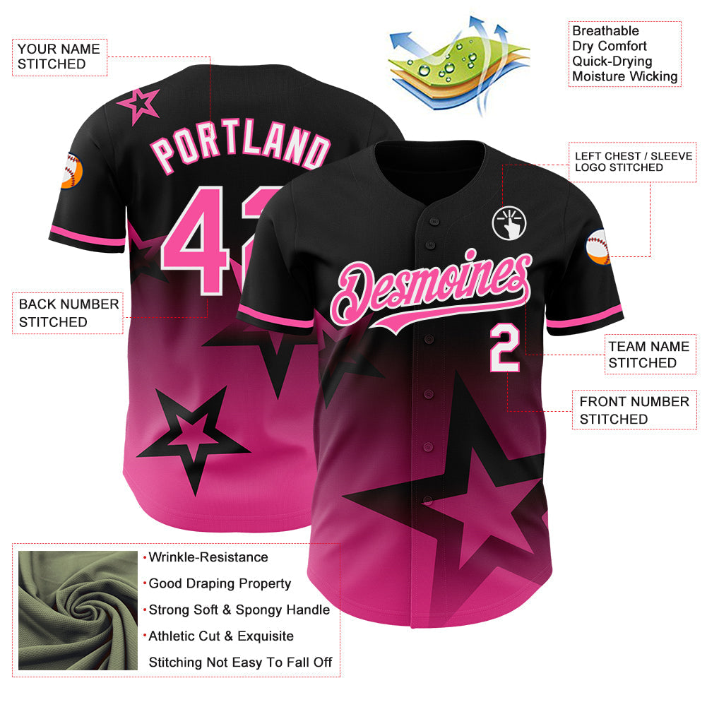 Custom Black Pink-White 3D Pattern Design Gradient Style Twinkle Star Authentic Baseball Jersey view 3