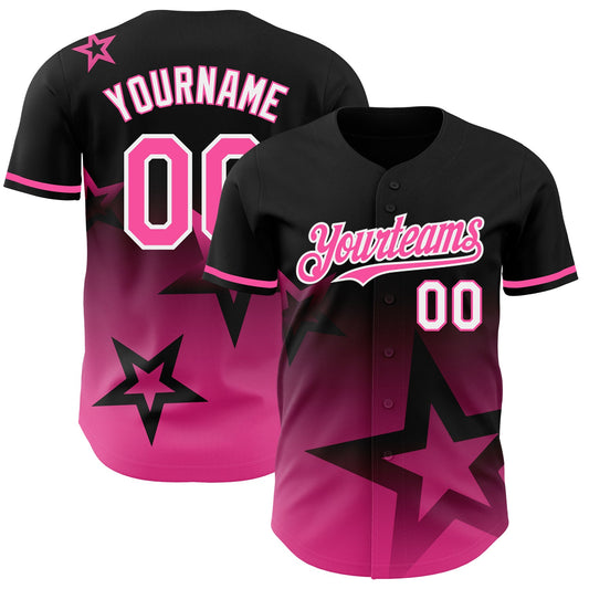 Custom Black Pink-White 3D Pattern Design Gradient Style Twinkle Star Authentic Baseball Jersey - Main View
