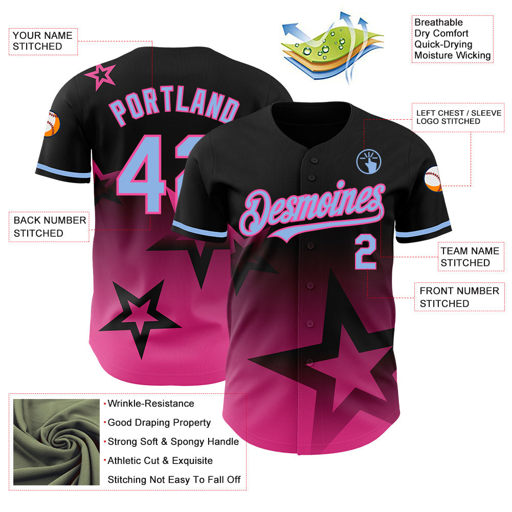 Custom Black Light Blue-Pink 3D Pattern Design Gradient Style Twinkle Star Authentic Baseball Jersey view 3
