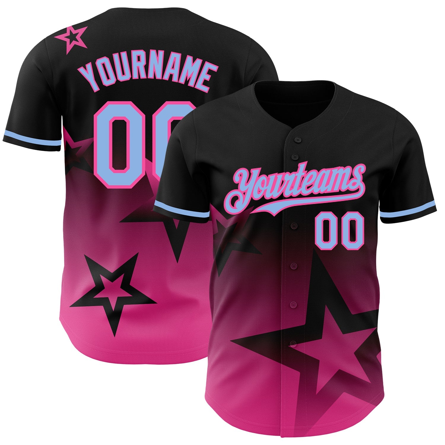 Custom Black Light Blue-Pink 3D Pattern Design Gradient Style Twinkle Star Authentic Baseball Jersey - Main View
