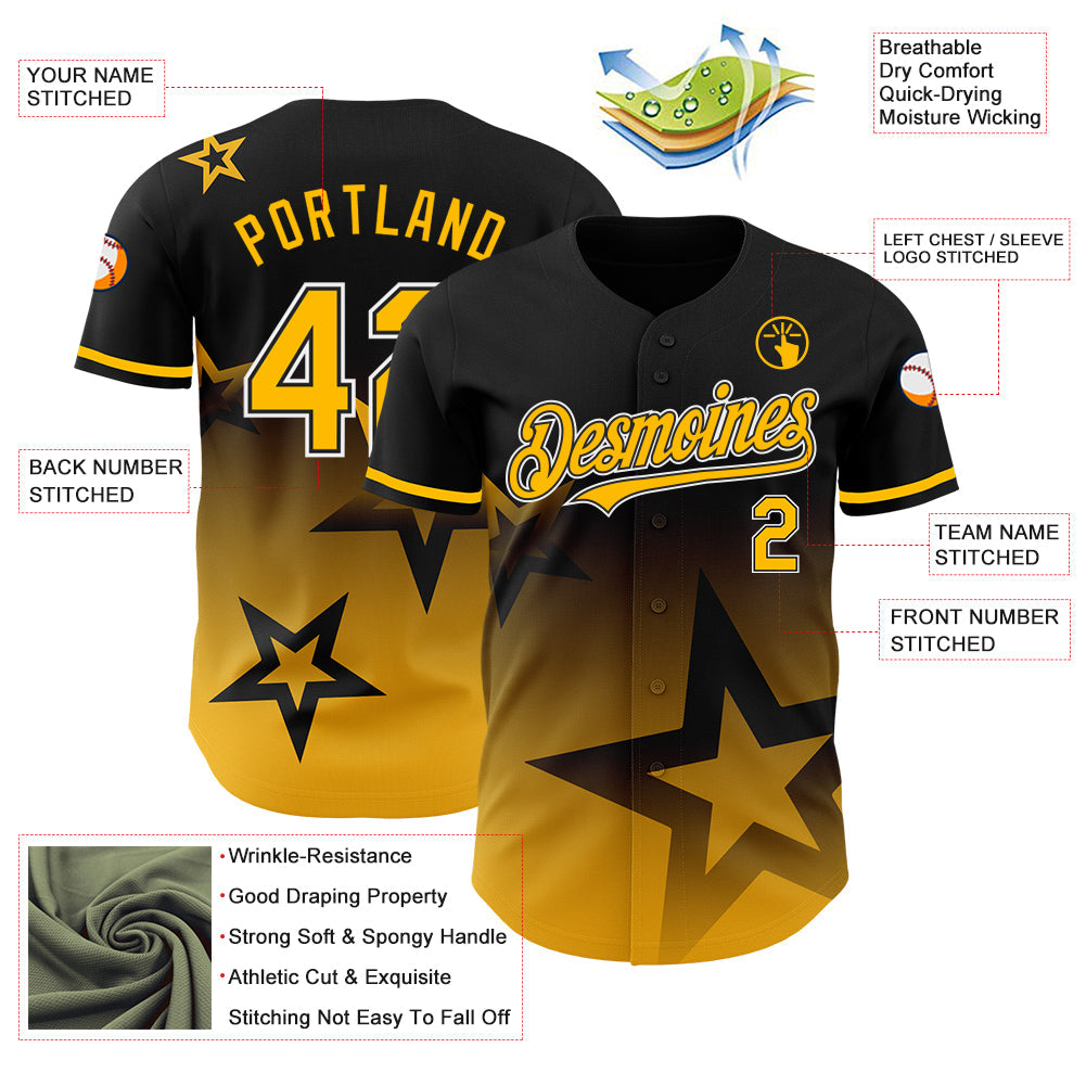 Custom Black Gold-White 3D Pattern Design Gradient Style Twinkle Star Authentic Baseball Jersey view 3