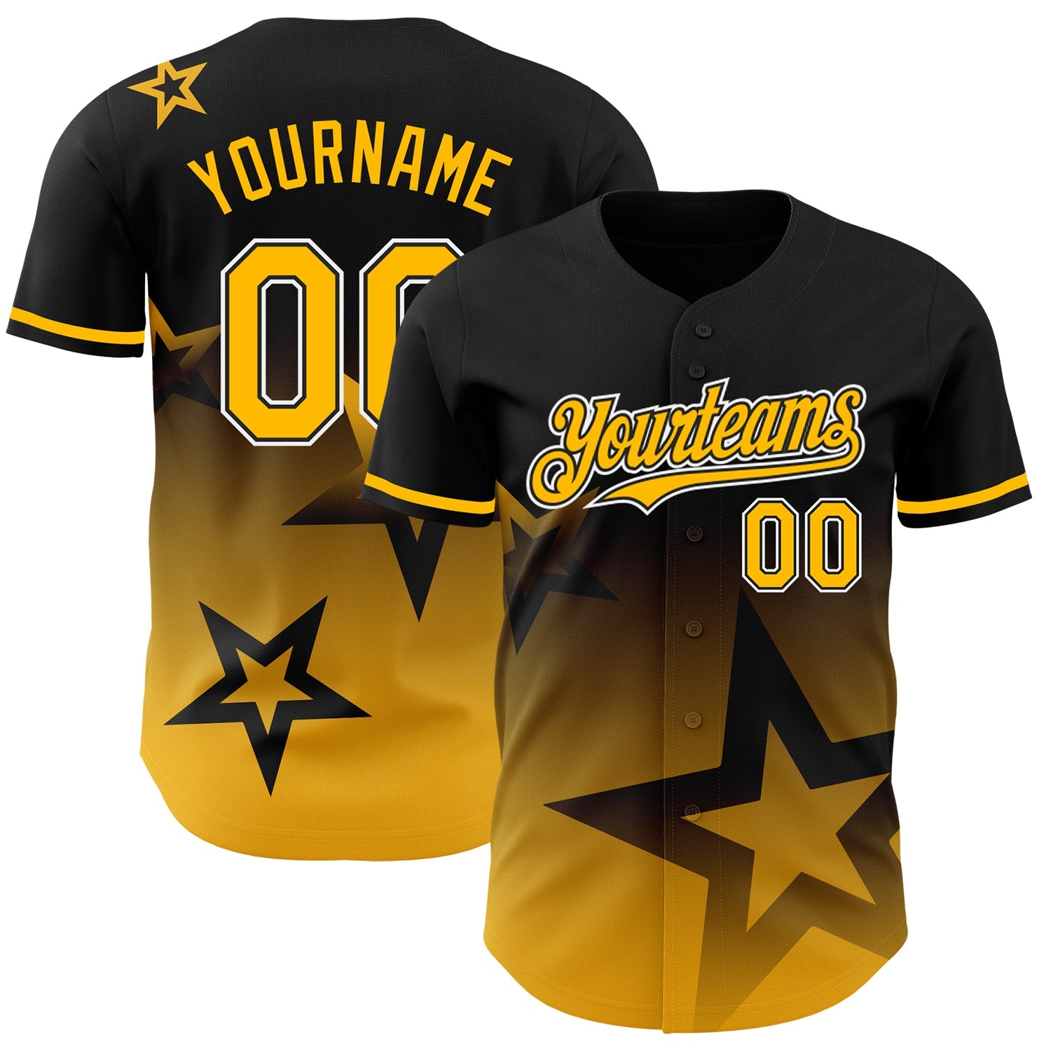Custom Black Gold-White 3D Pattern Design Gradient Style Twinkle Star Authentic Baseball Jersey - Main View