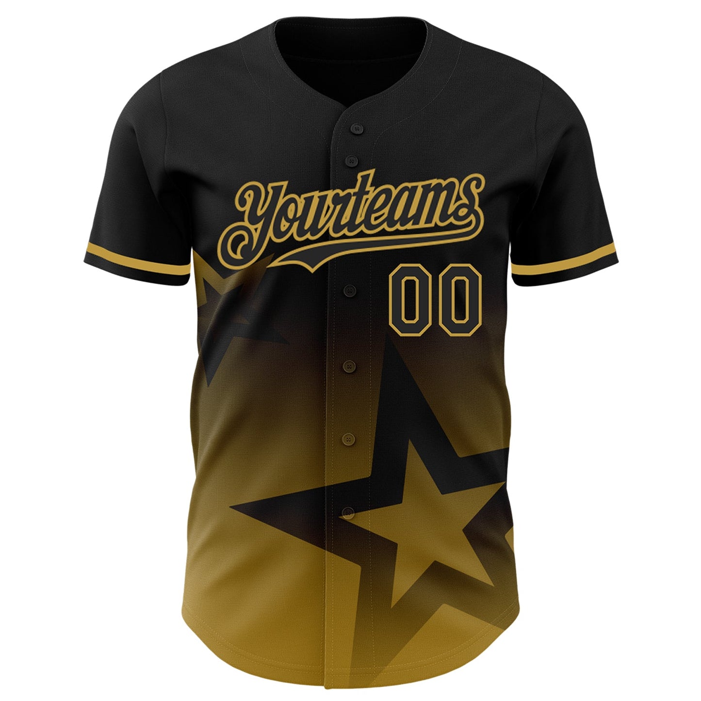 Custom Black Old Gold 3D Pattern Design Gradient Style Twinkle Star Authentic Baseball Jersey view 2
