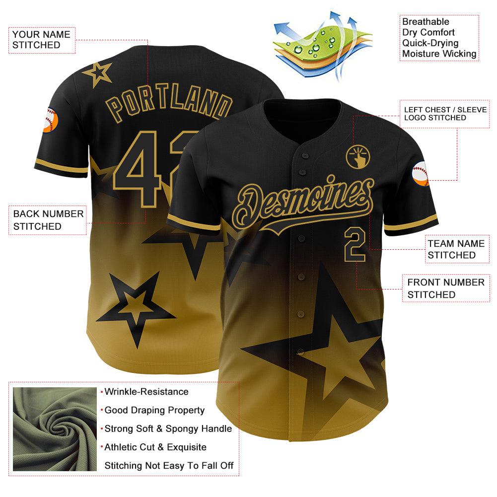 Custom Black Old Gold 3D Pattern Design Gradient Style Twinkle Star Authentic Baseball Jersey view 3