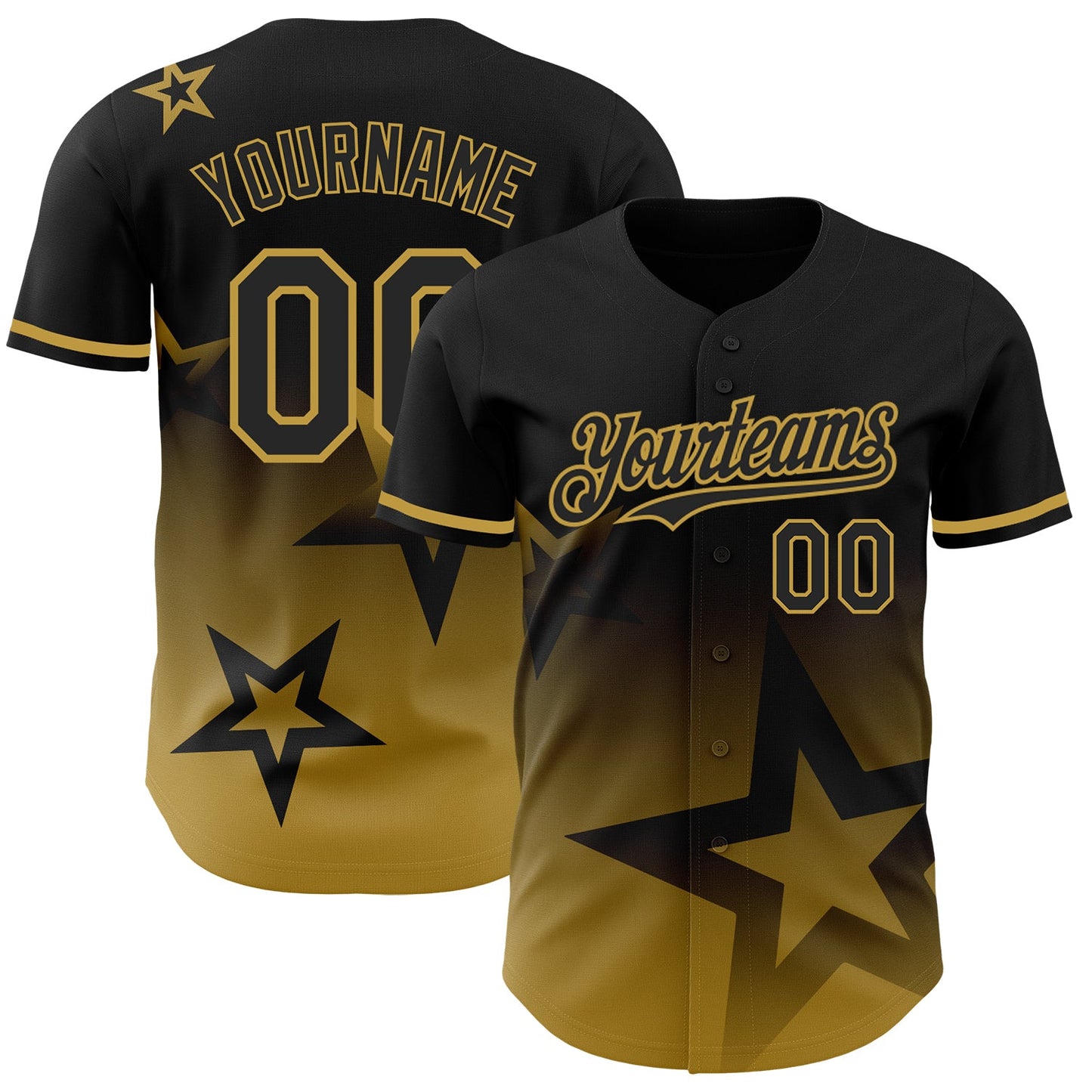 Custom Black Old Gold 3D Pattern Design Gradient Style Twinkle Star Authentic Baseball Jersey - Main View
