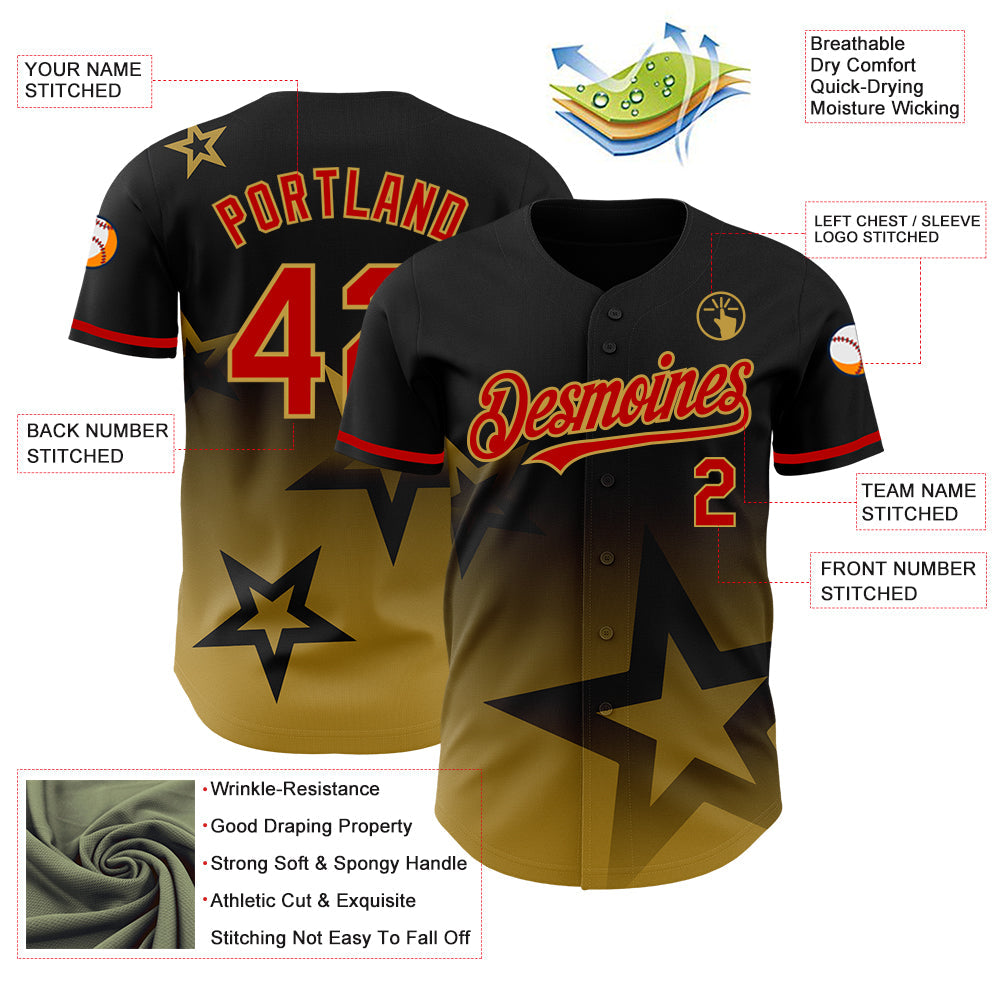 Custom Black Red Old Gold 3D Pattern Design Gradient Style Twinkle Star Authentic Baseball Jersey view 3