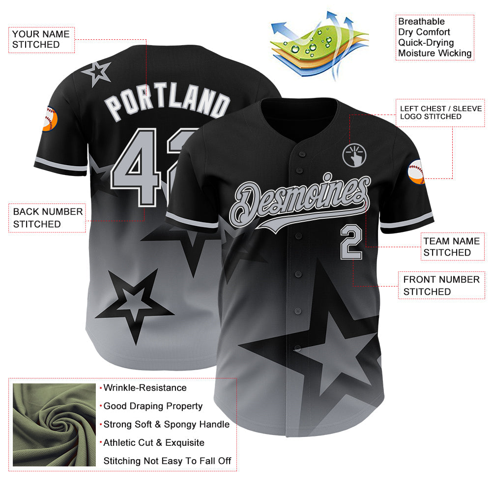 Custom Black Gray-White 3D Pattern Design Gradient Style Twinkle Star Authentic Baseball Jersey view 3