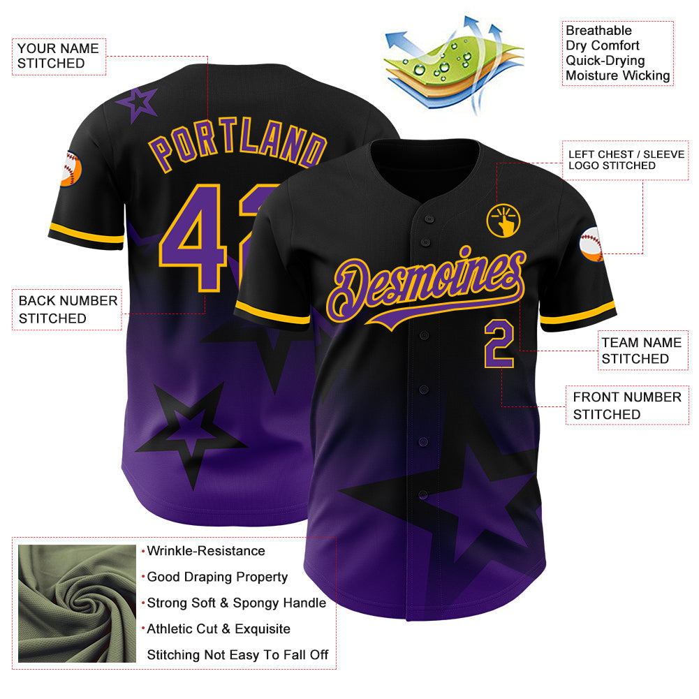 Custom Black Purple-Gold 3D Pattern Design Gradient Style Twinkle Star Authentic Baseball Jersey view 3