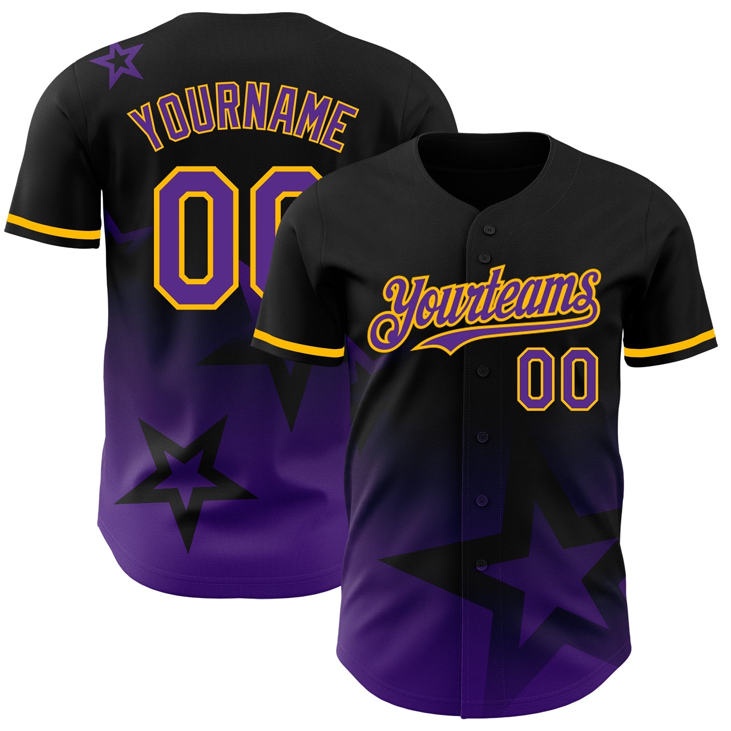Custom Black Purple-Gold 3D Pattern Design Gradient Style Twinkle Star Authentic Baseball Jersey - Main View