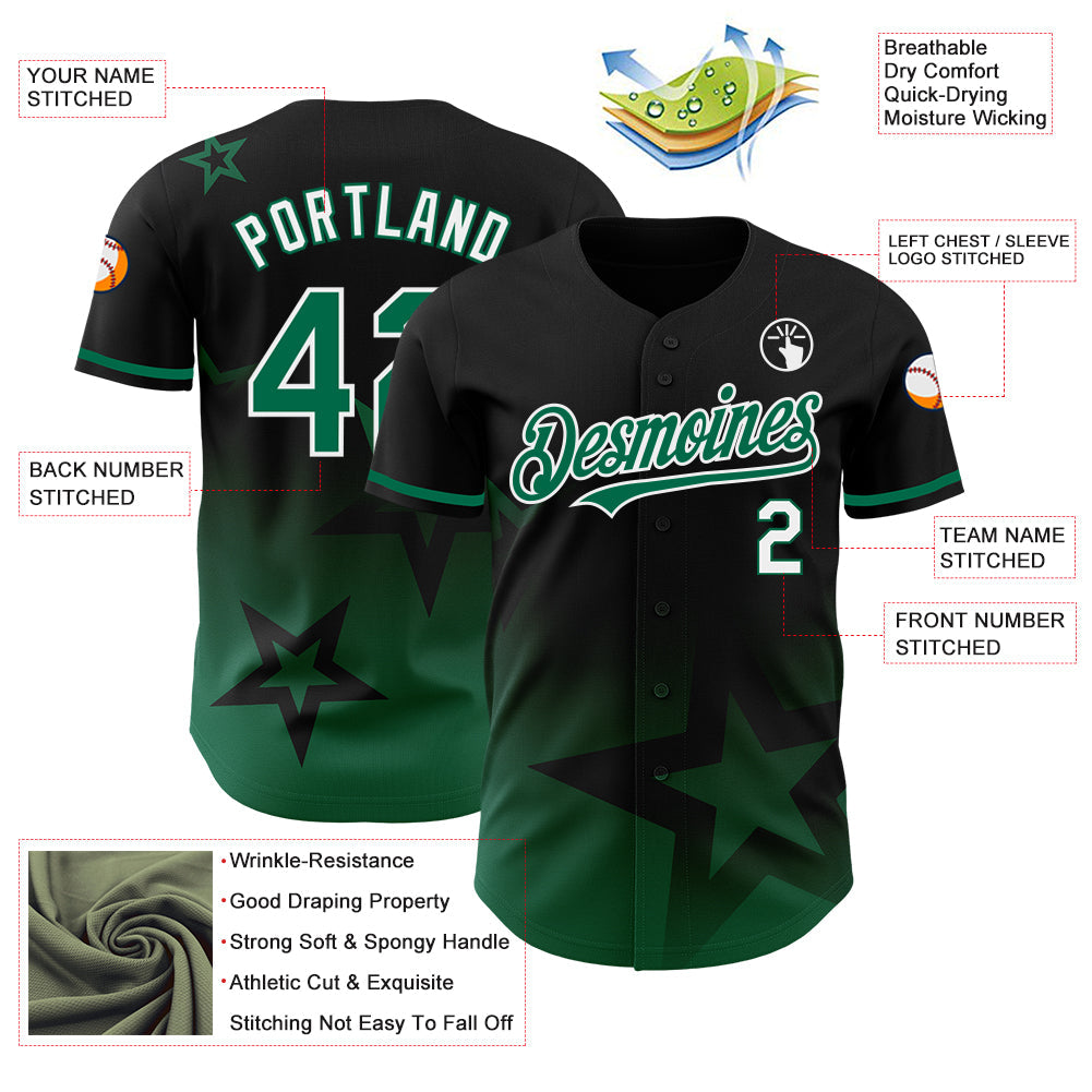 Custom Black Kelly Green-White 3D Pattern Design Gradient Style Twinkle Star Authentic Baseball Jersey view 3