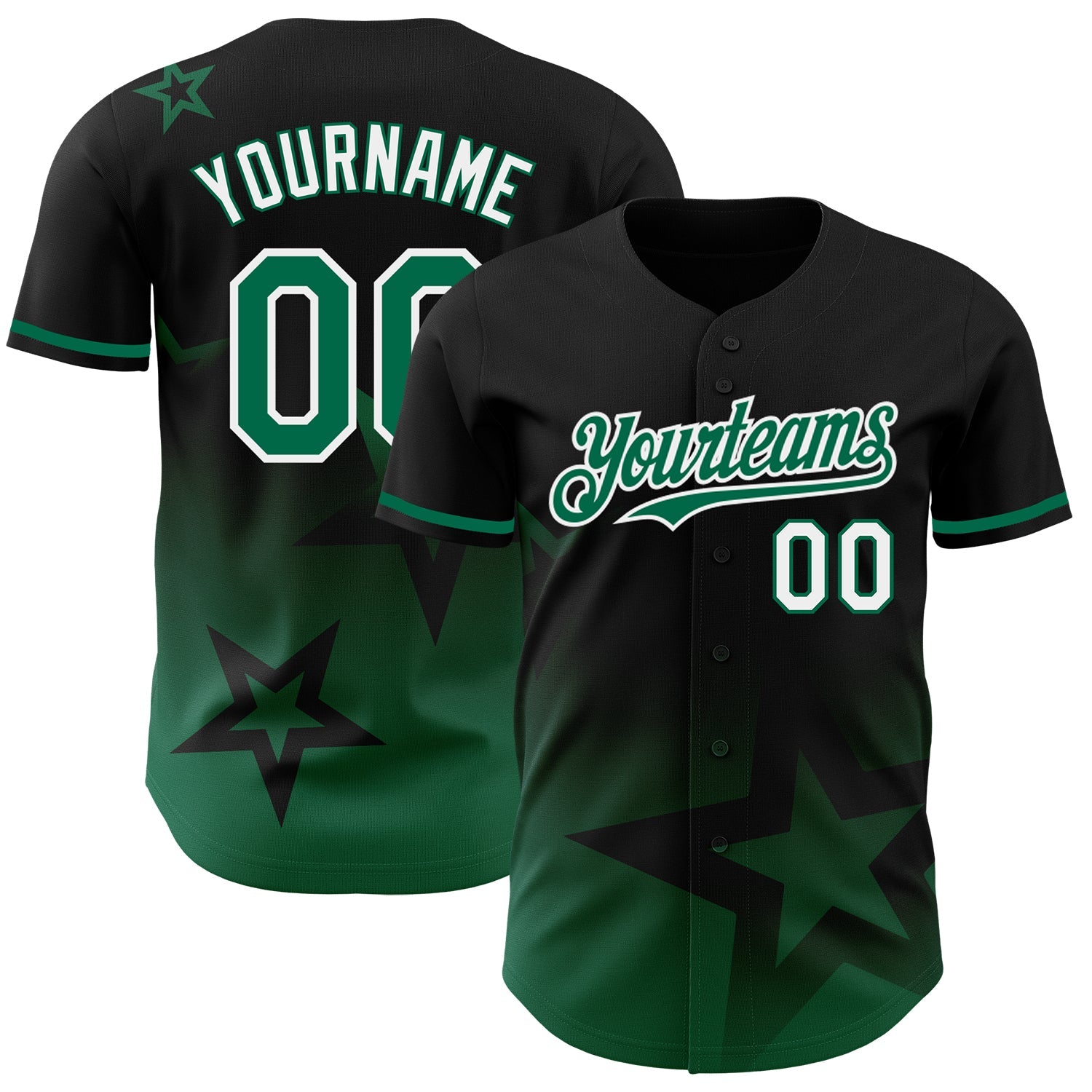 Custom Black Kelly Green-White 3D Pattern Design Gradient Style Twinkle Star Authentic Baseball Jersey - Main View