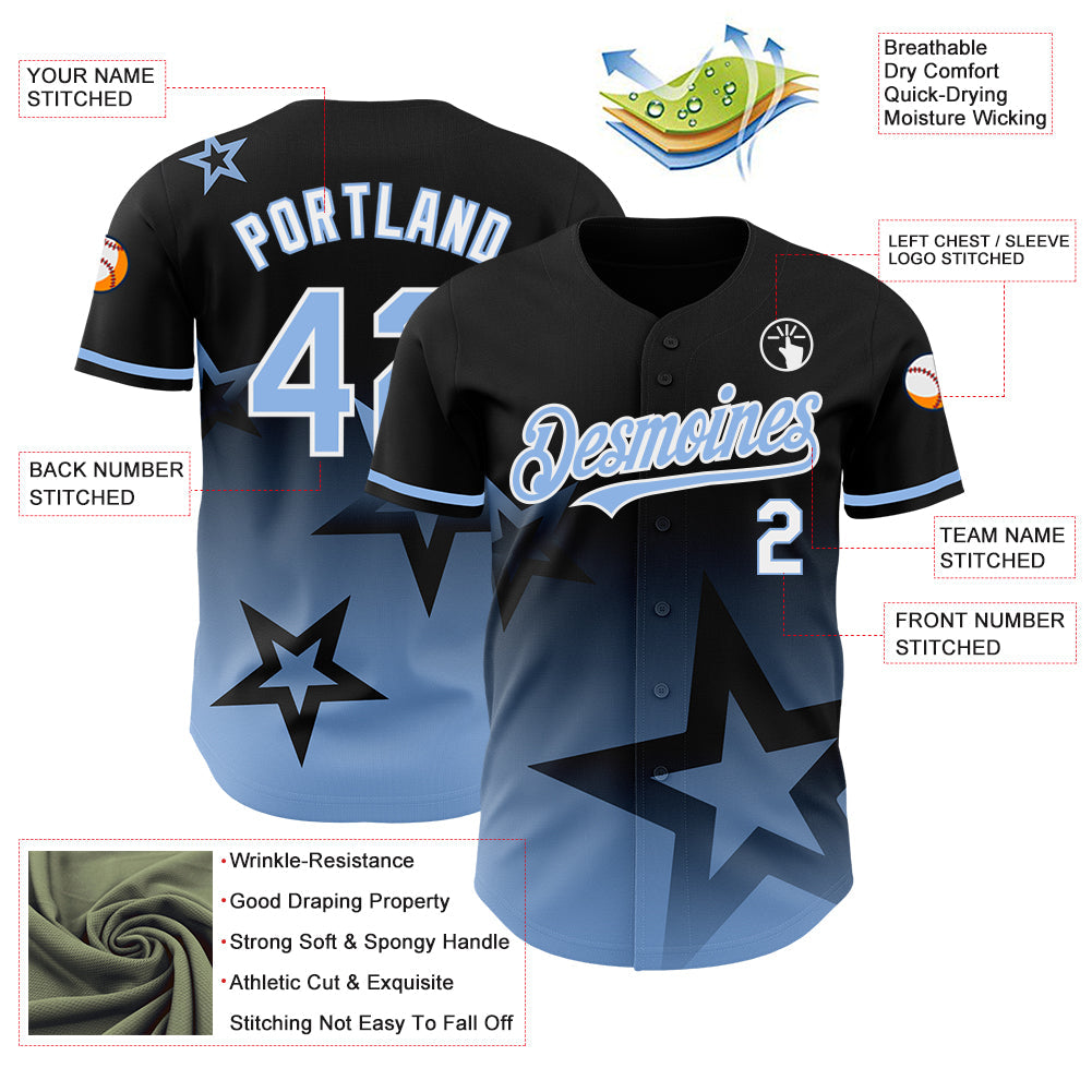 Custom Black Light Blue-White 3D Pattern Design Gradient Style Twinkle Star Authentic Baseball Jersey view 3