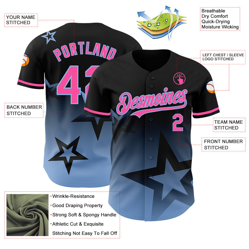 Custom Black Pink-Light Blue 3D Pattern Design Gradient Style Twinkle Star Authentic Baseball Jersey view 3