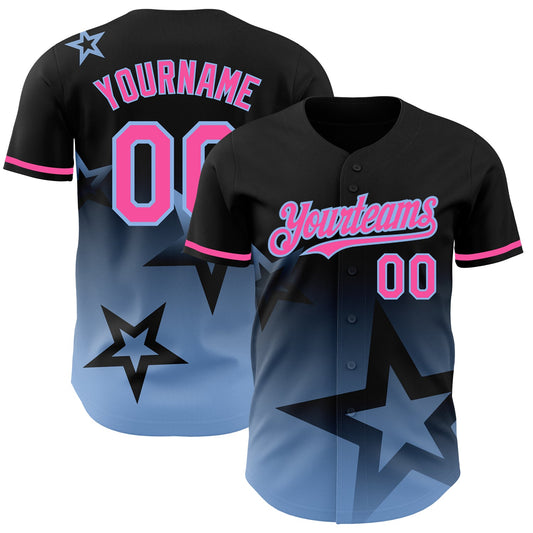 Custom Black Pink-Light Blue 3D Pattern Design Gradient Style Twinkle Star Authentic Baseball Jersey - Main View