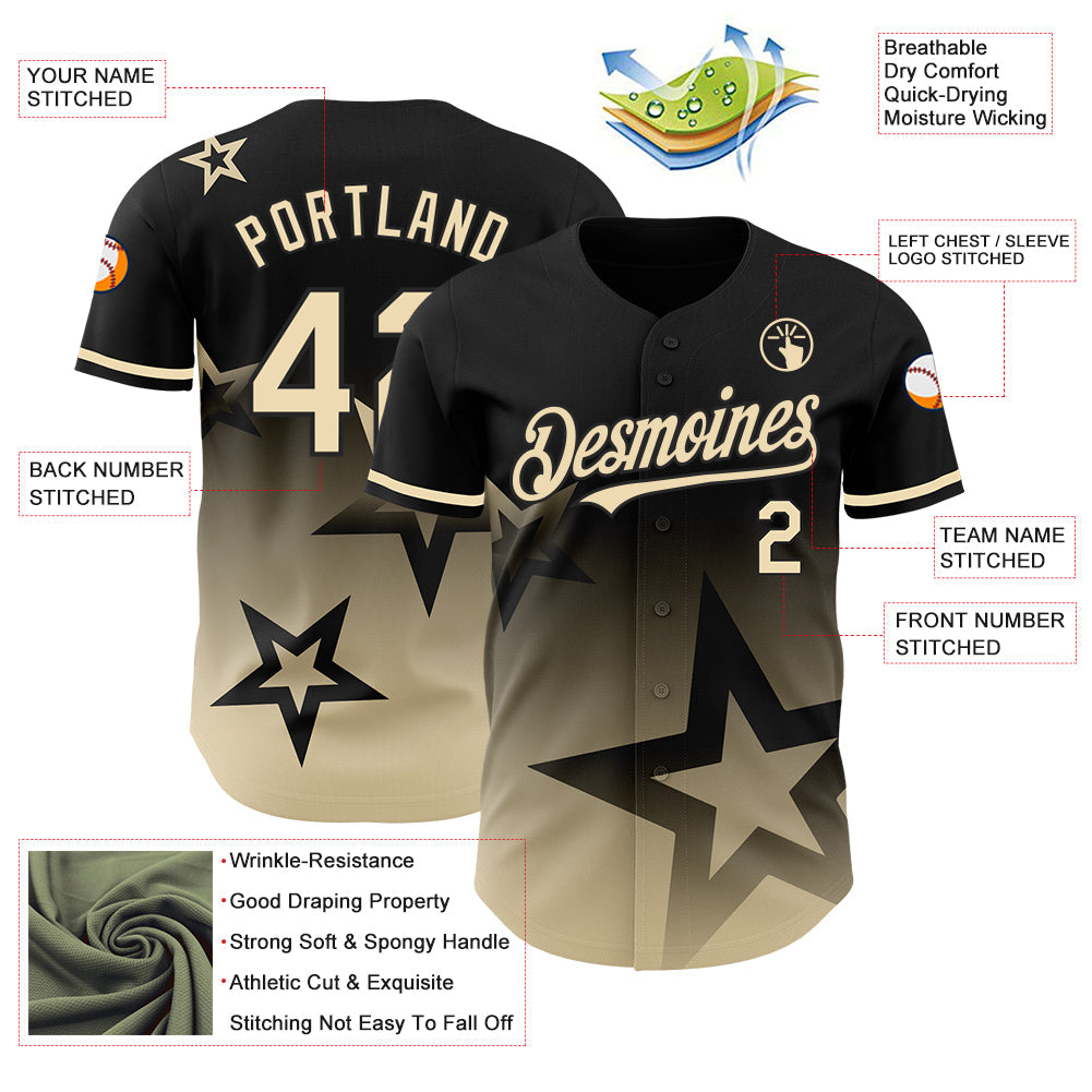 Custom Black Cream 3D Pattern Design Gradient Style Twinkle Star Authentic Baseball Jersey view 4