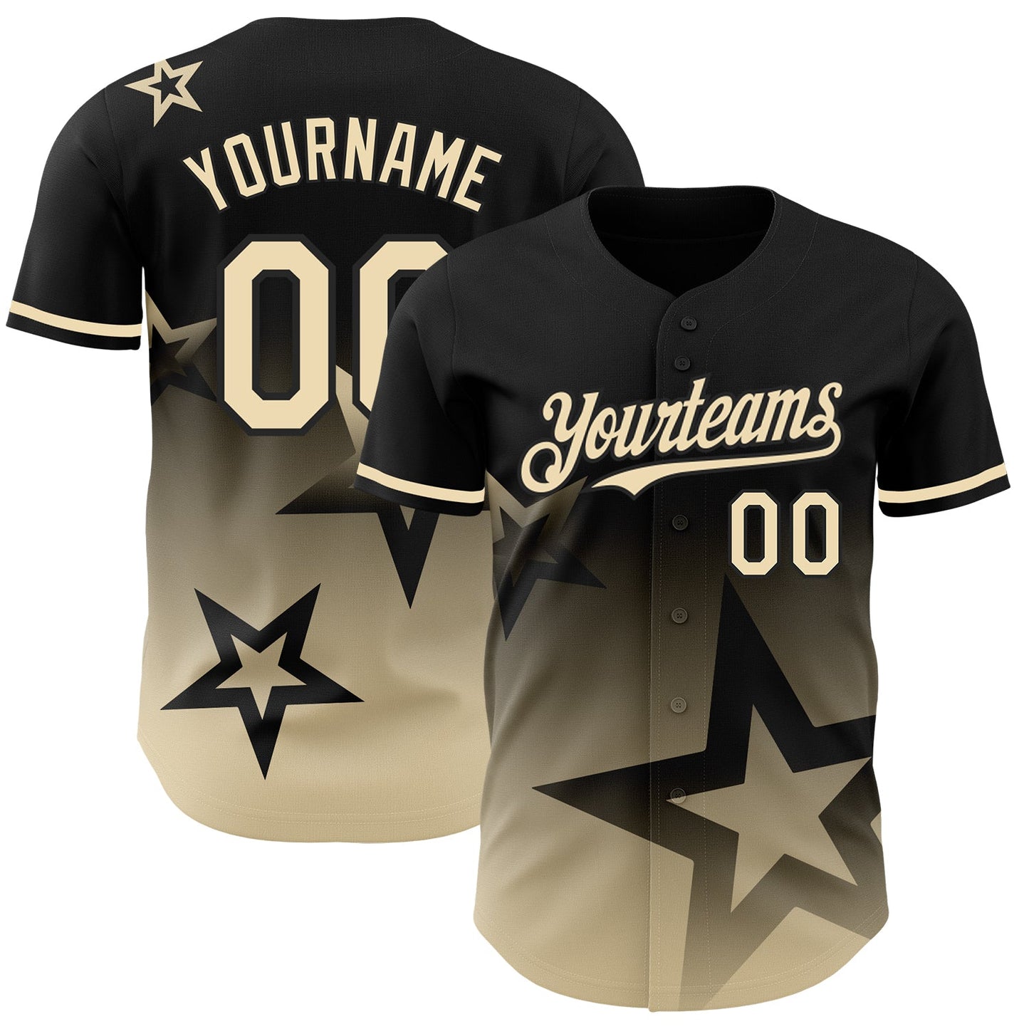 Custom Black Cream 3D Pattern Design Gradient Style Twinkle Star Authentic Baseball Jersey - Main View