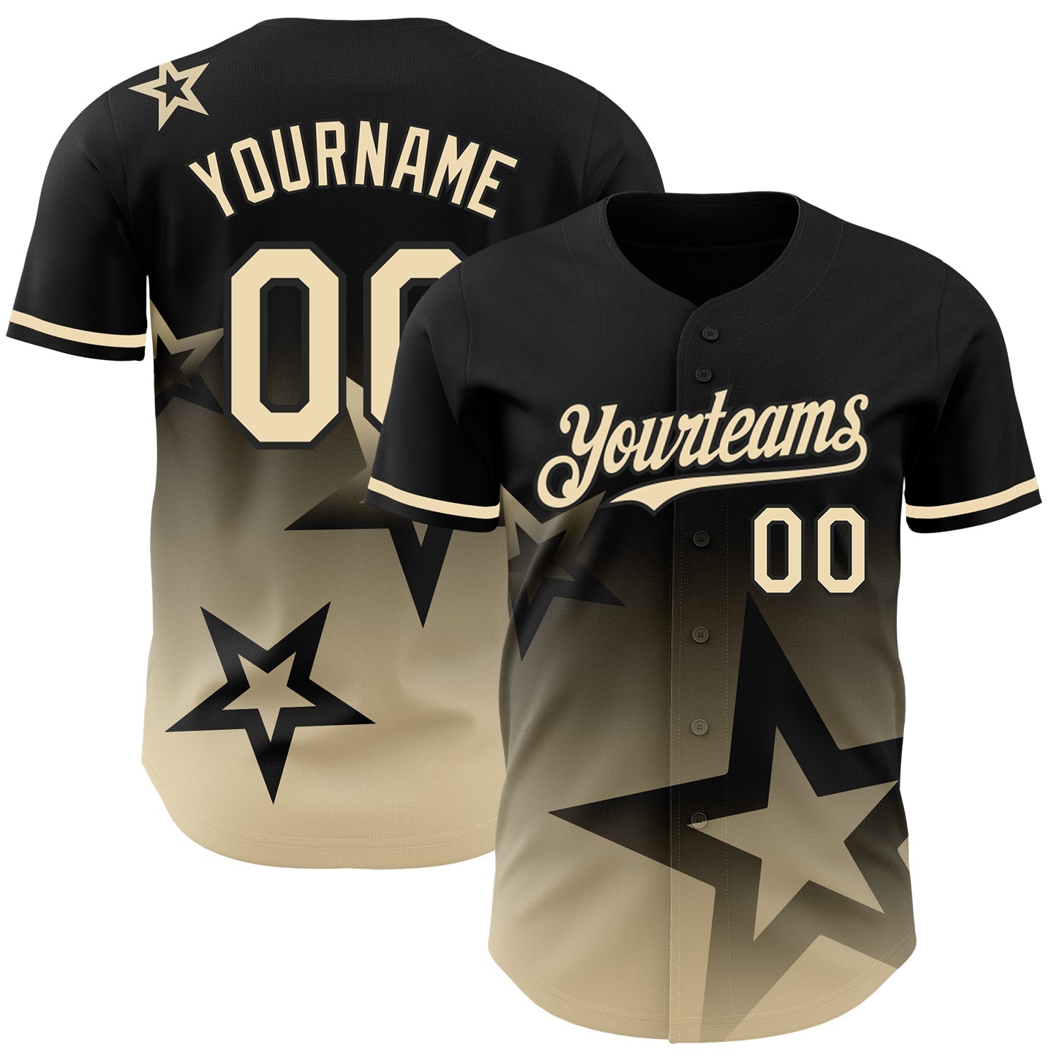 Custom Black Cream 3D Pattern Design Gradient Style Twinkle Star Authentic Baseball Jersey - Main View