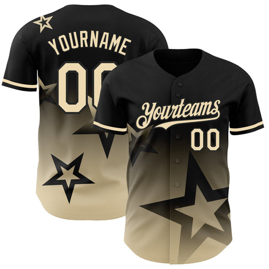 Custom Black Cream 3D Pattern Design Gradient Style Twinkle Star Authentic Baseball Jersey - Main View