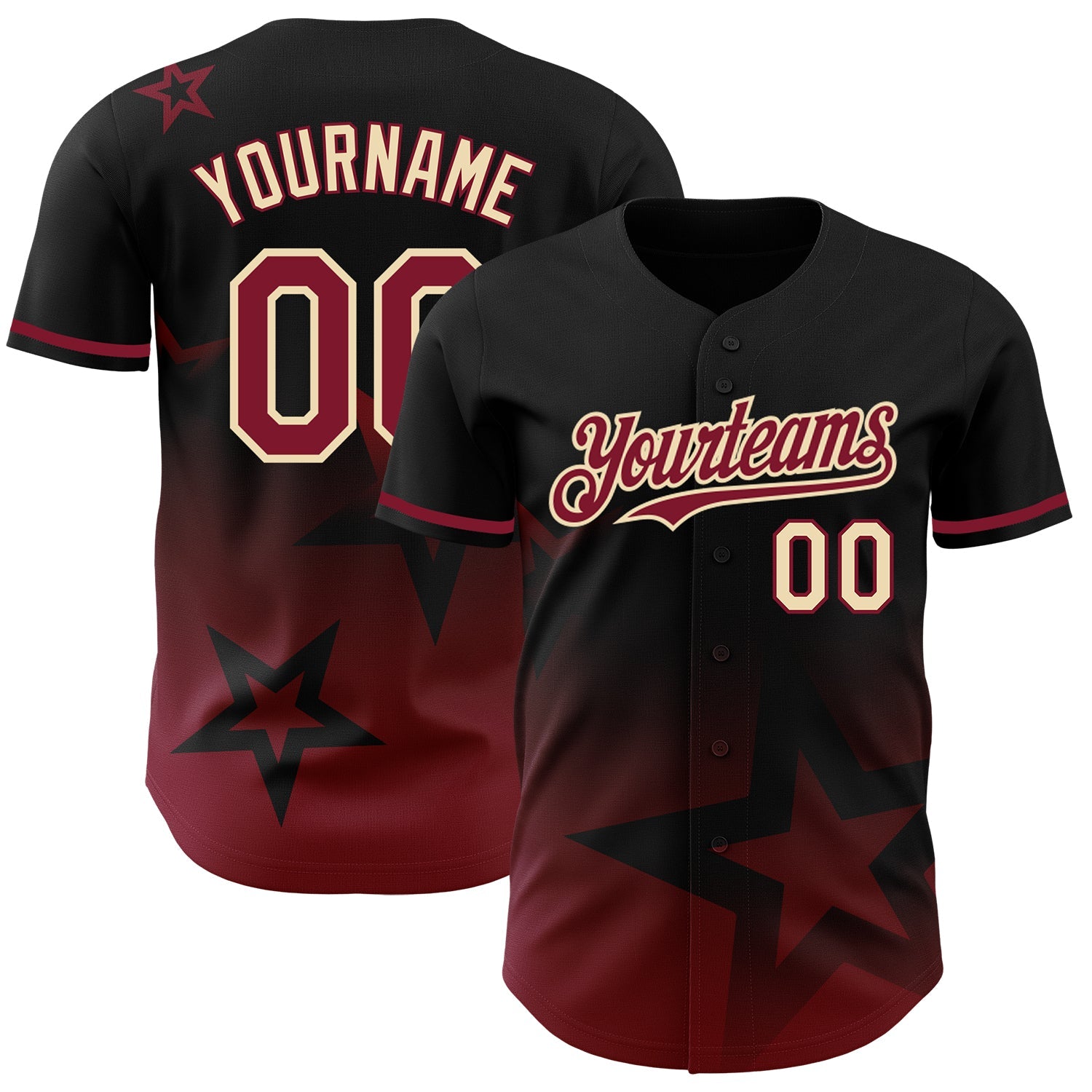 Custom Black Crimson-Cream 3D Pattern Design Gradient Style Twinkle Star Authentic Baseball Jersey - Main View