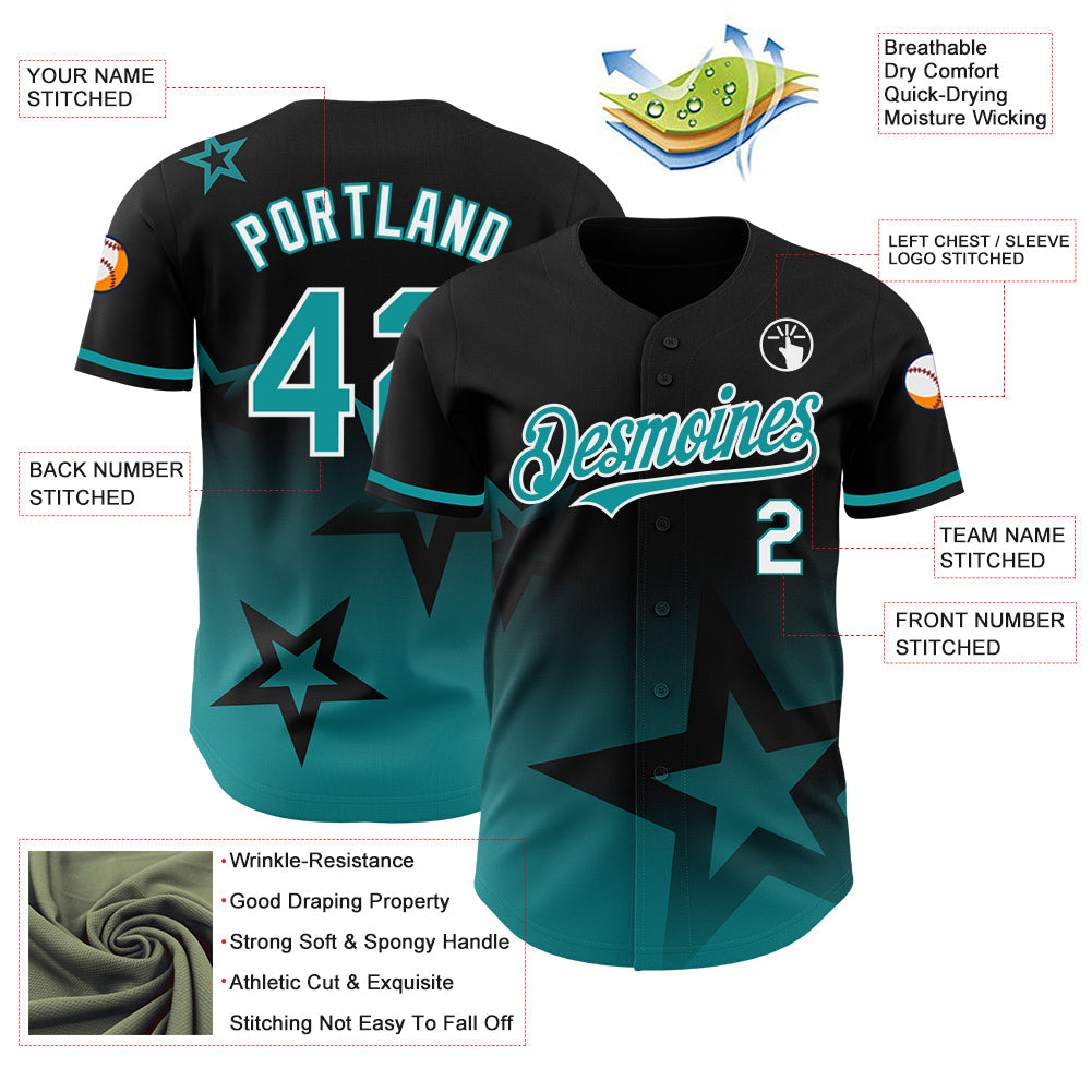 Custom Black Teal-White 3D Pattern Design Gradient Style Twinkle Star Authentic Baseball Jersey view 3