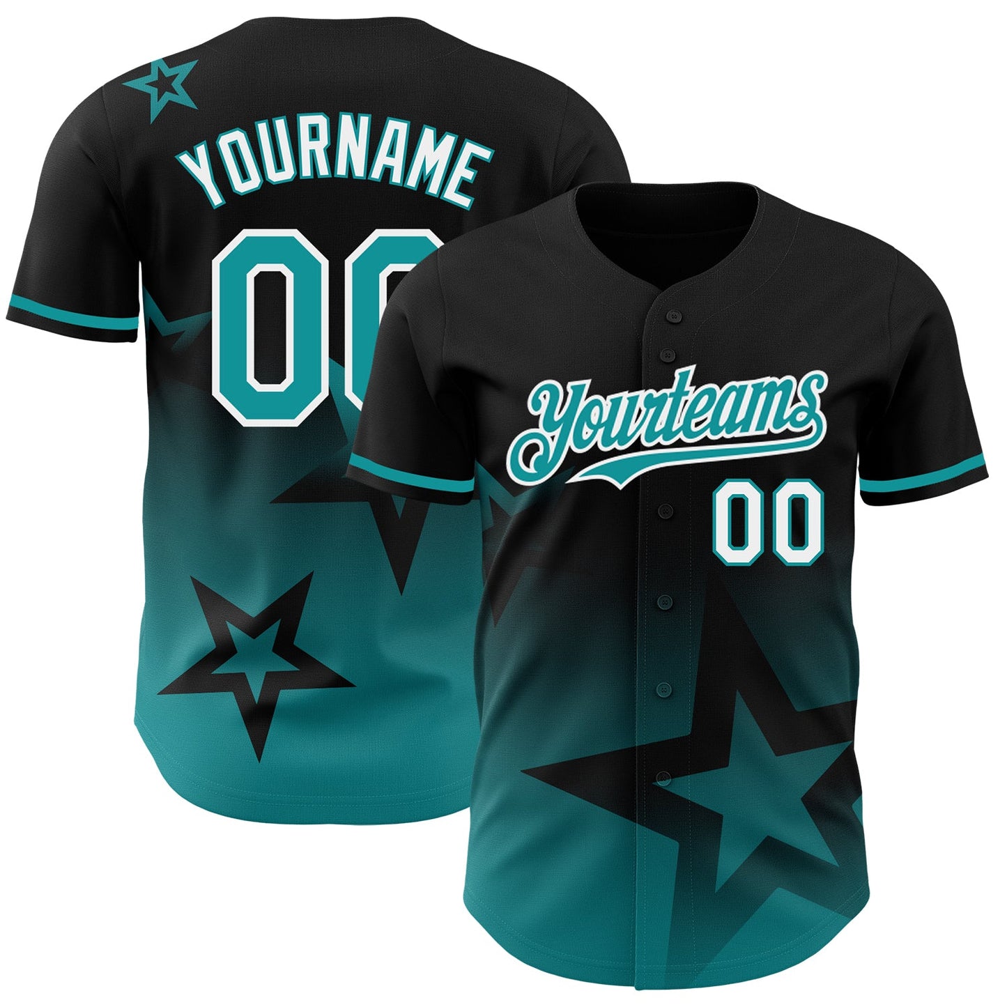 Custom Black Teal-White 3D Pattern Design Gradient Style Twinkle Star Authentic Baseball Jersey - Main View