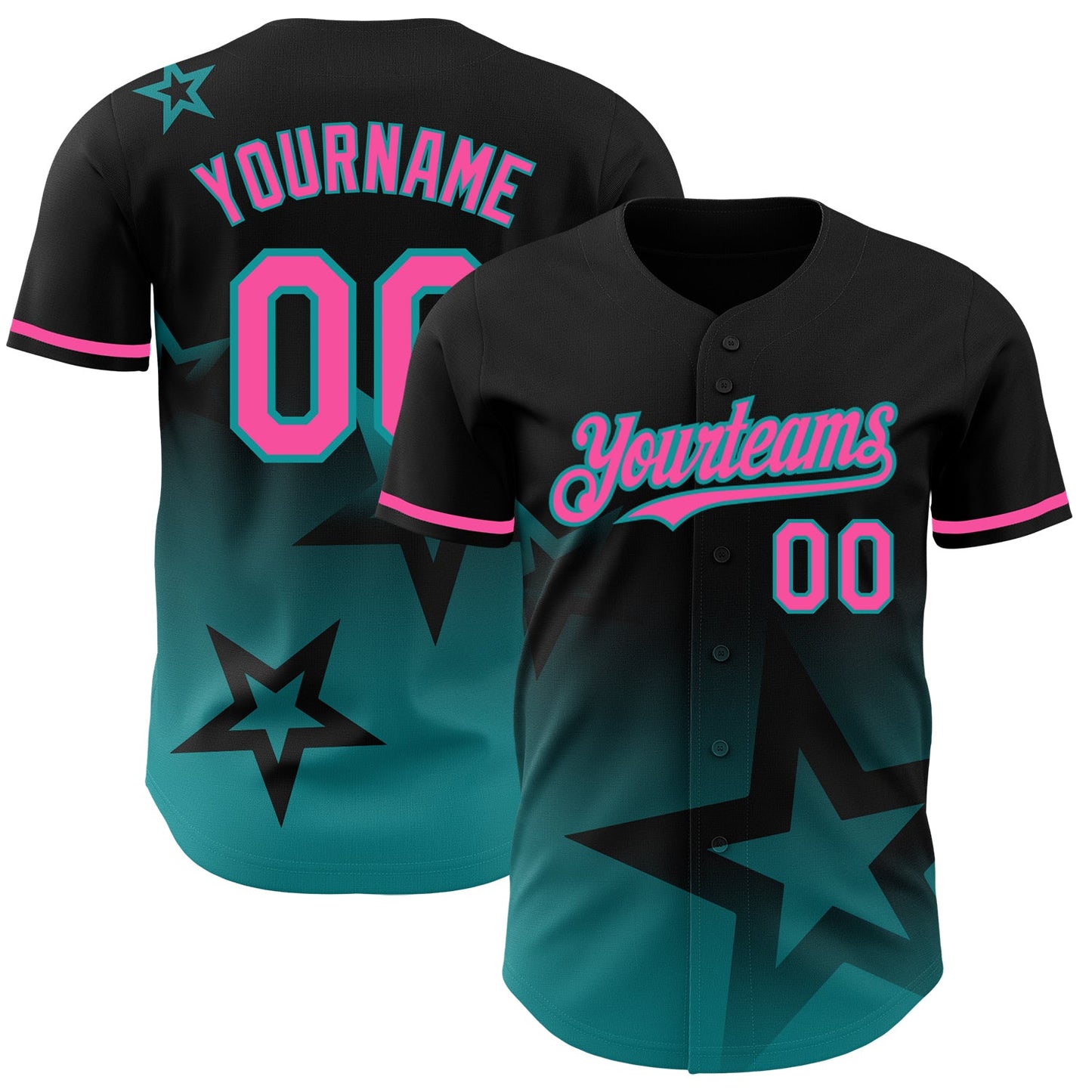 Custom Black Pink-Teal 3D Pattern Design Gradient Style Twinkle Star Authentic Baseball Jersey - Main View