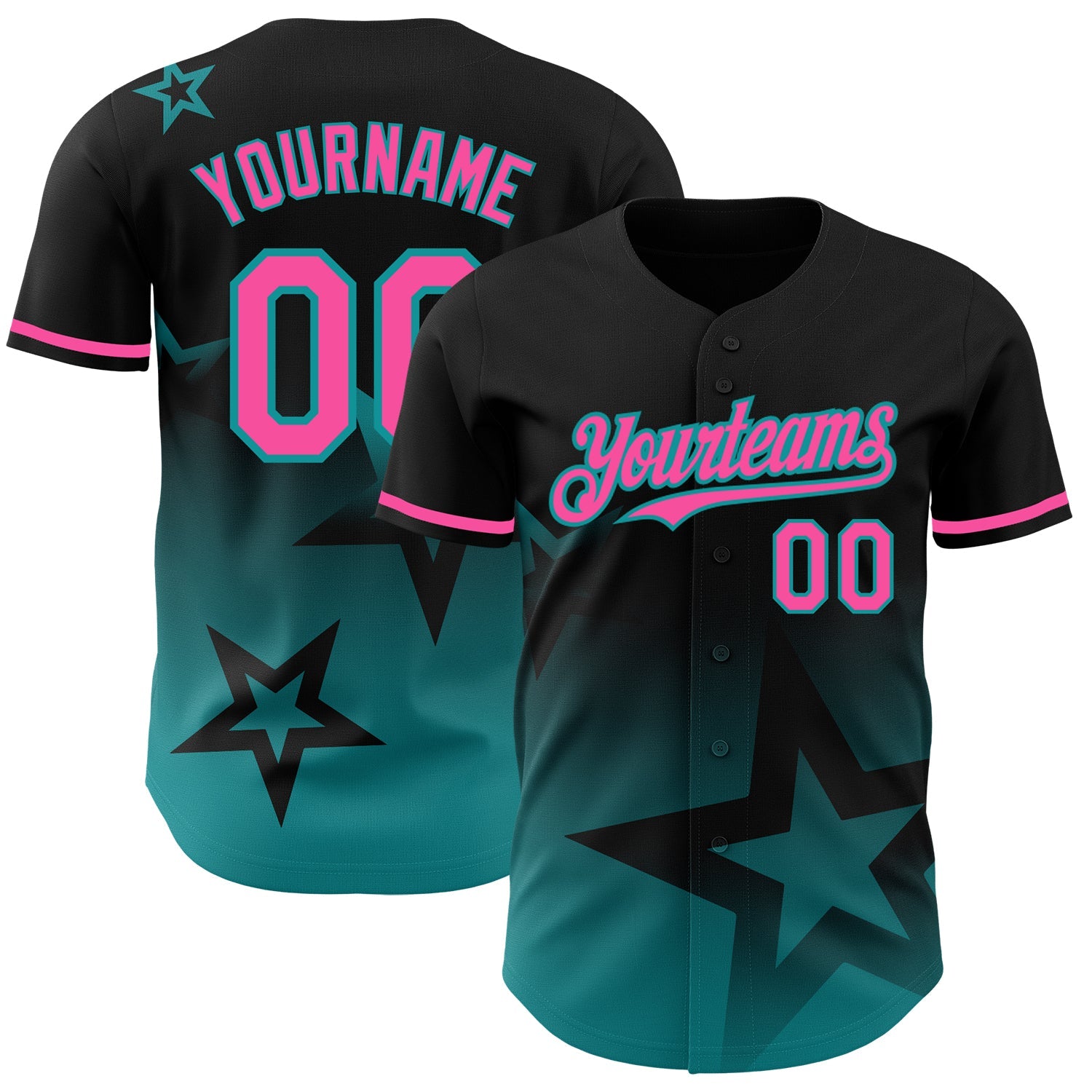 Custom Black Pink-Teal 3D Pattern Design Gradient Style Twinkle Star Authentic Baseball Jersey - Main View