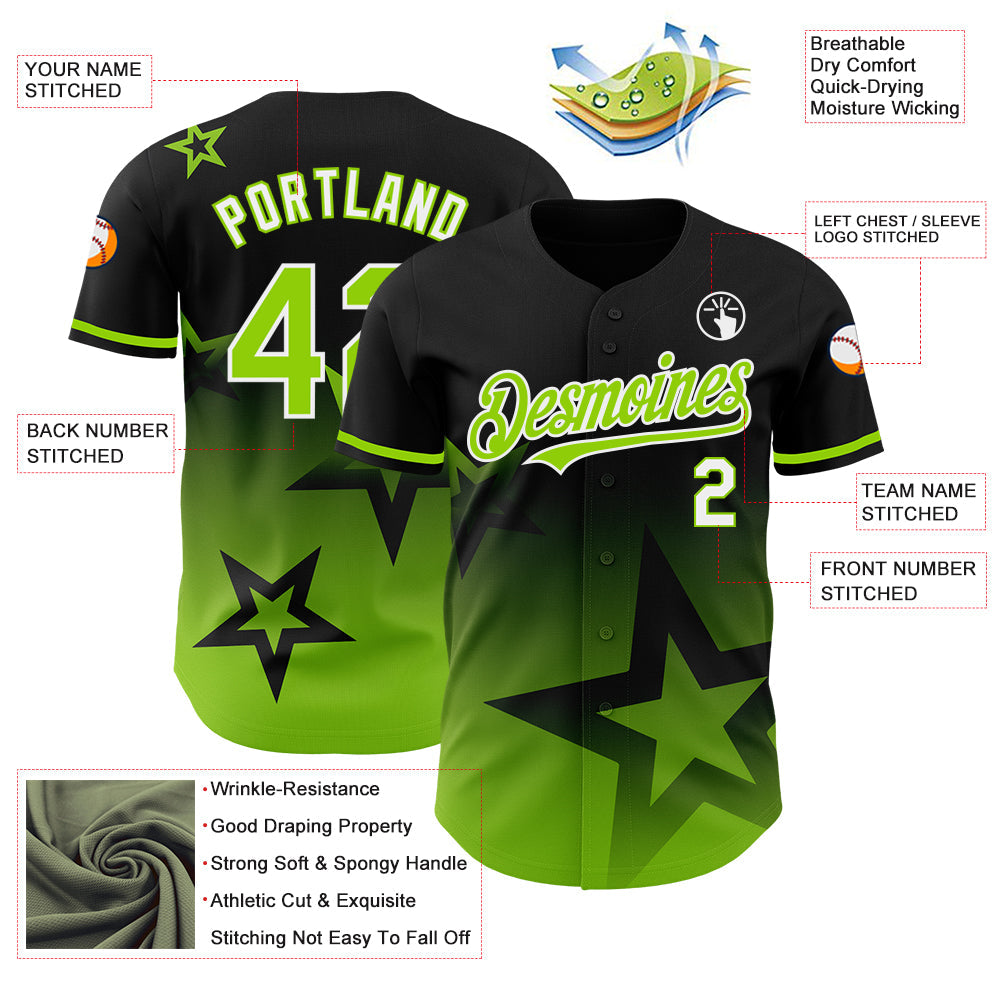 Custom Black Neon Green-White 3D Pattern Design Gradient Style Twinkle Star Authentic Baseball Jersey view 3