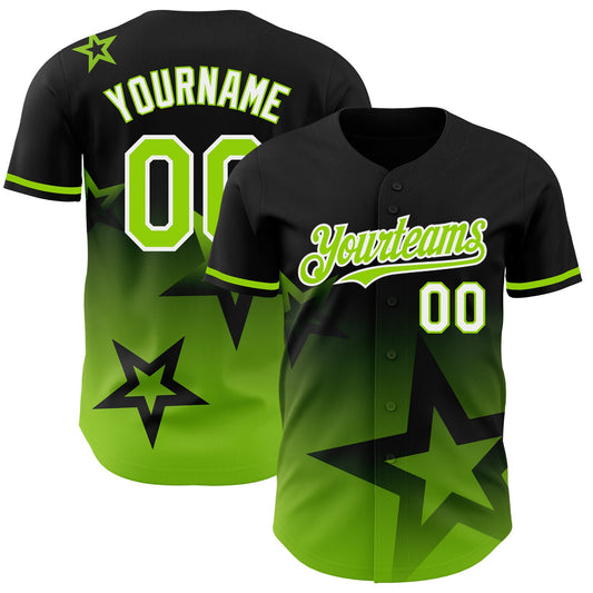Custom Black Neon Green-White 3D Pattern Design Gradient Style Twinkle Star Authentic Baseball Jersey - Main View