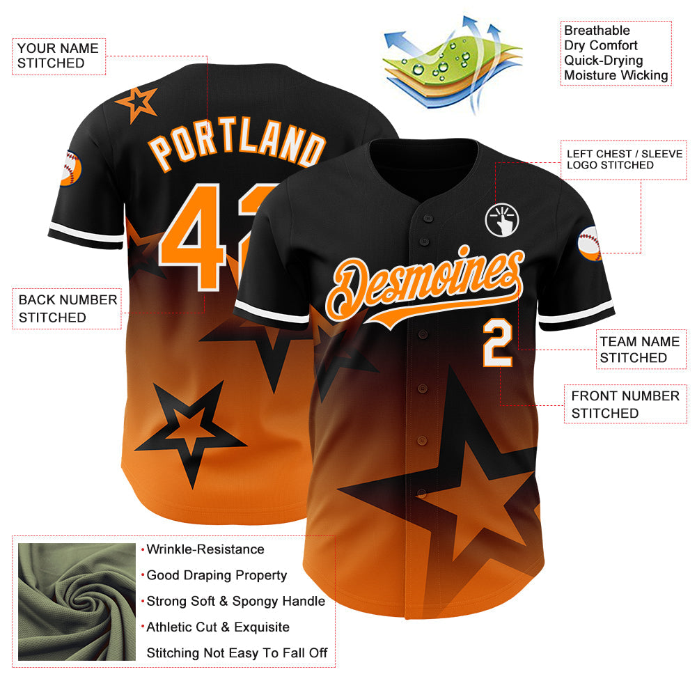 Custom Black Bay Orange-White 3D Pattern Design Gradient Style Twinkle Star Authentic Baseball Jersey view 3