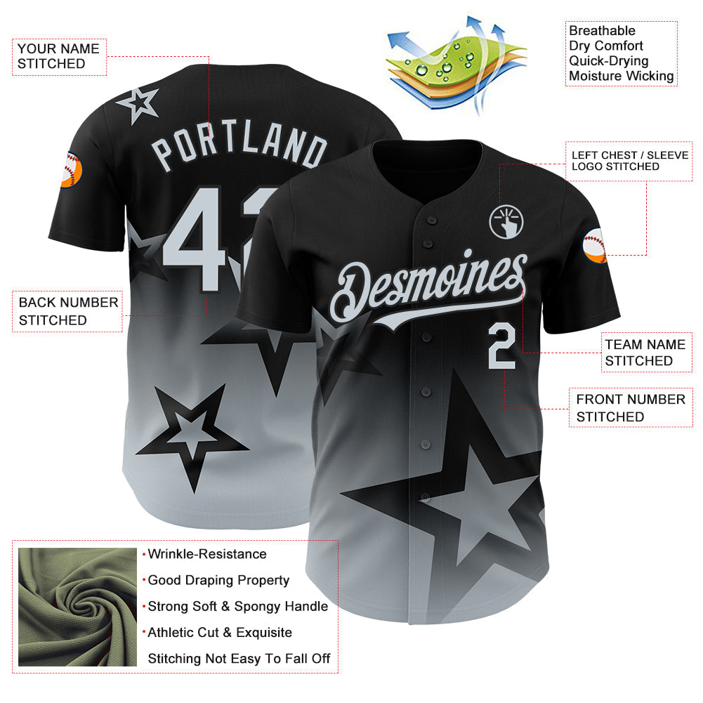 Custom Black Silver 3D Pattern Design Gradient Style Twinkle Star Authentic Baseball Jersey view 3