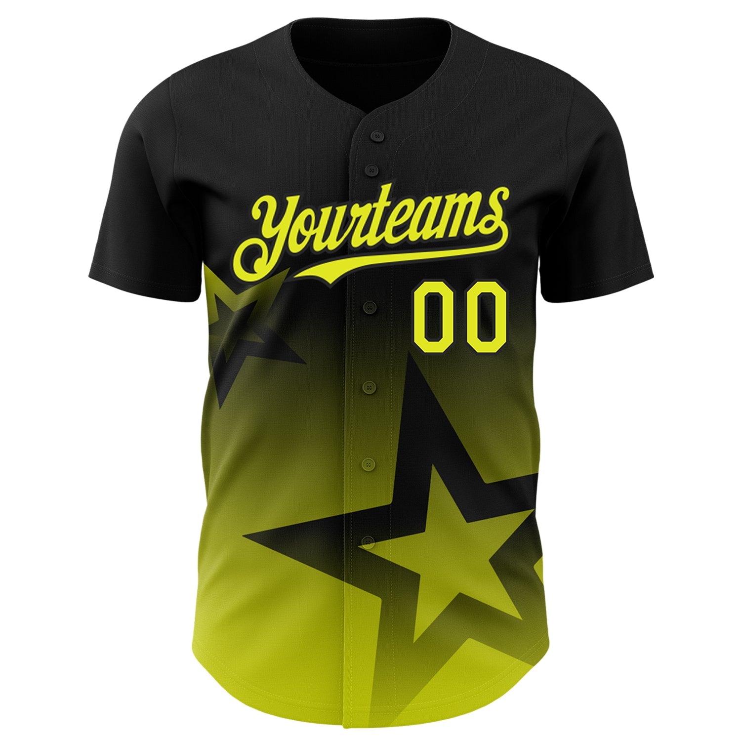 Custom Black Neon Yellow 3D Pattern Design Gradient Style Twinkle Star Authentic Baseball Jersey view 2