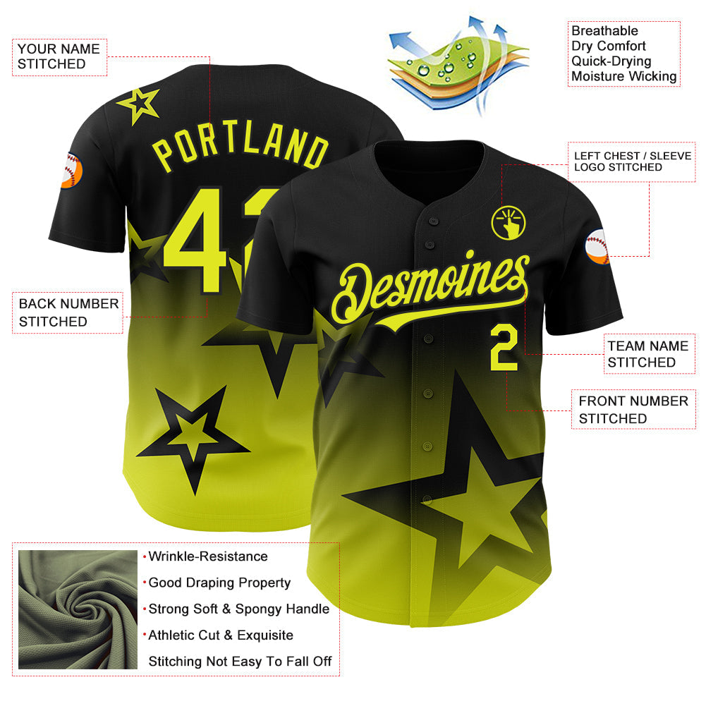 Custom Black Neon Yellow 3D Pattern Design Gradient Style Twinkle Star Authentic Baseball Jersey view 3