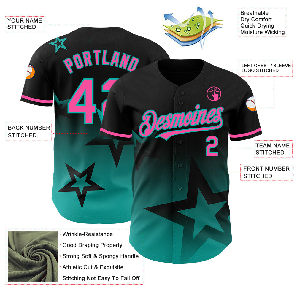Custom Black Pink-Aqua 3D Pattern Design Gradient Style Twinkle Star Authentic Baseball Jersey view 3